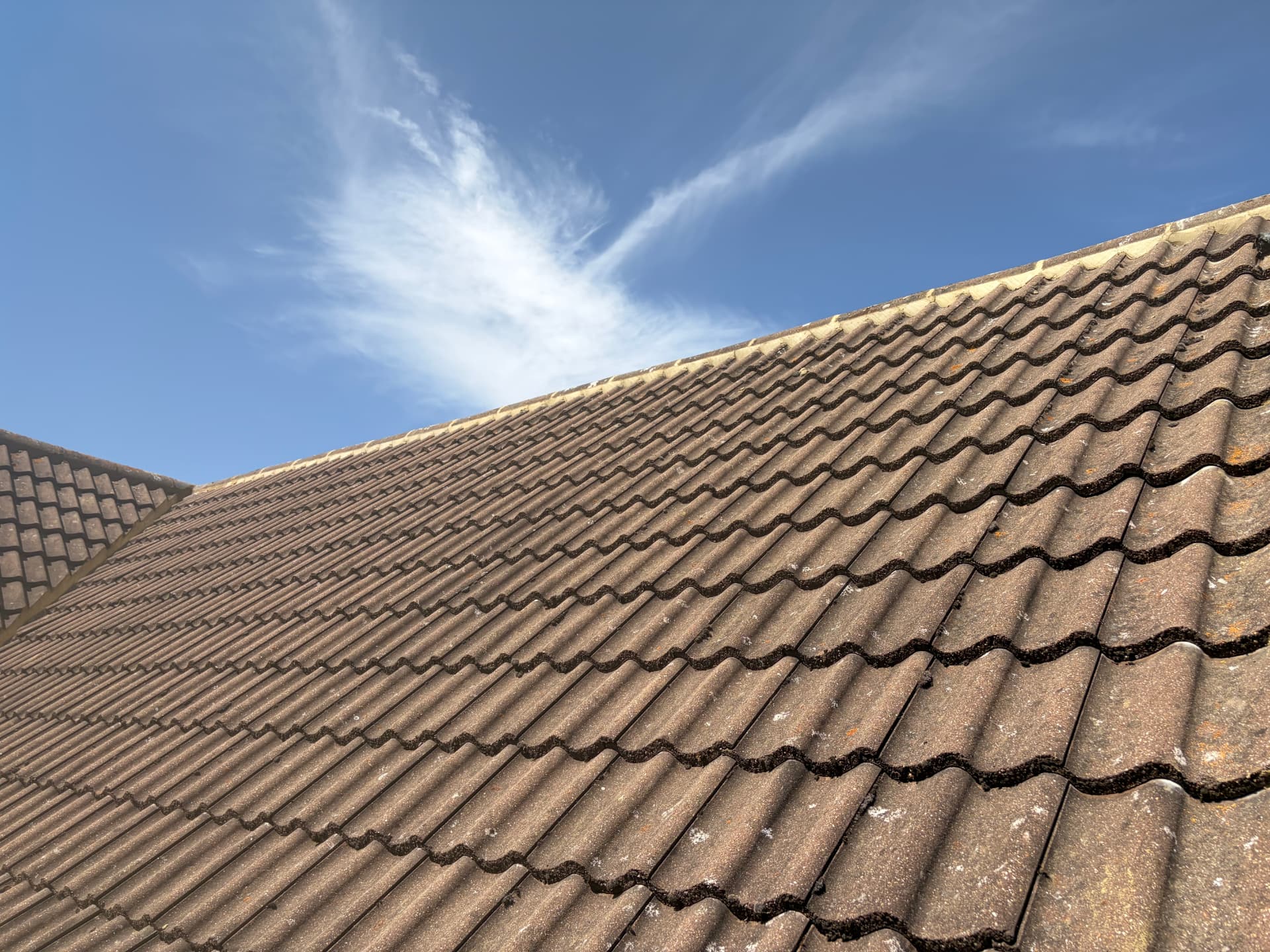 Rebedded ridge line running across the concrete pantiles of the Bracknell roof